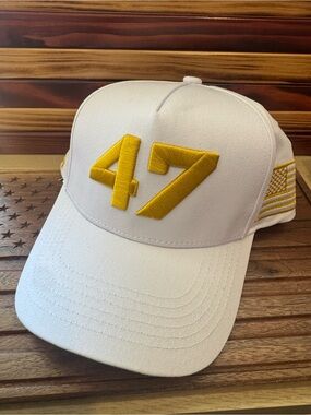 Turning Point Flag White Baseball Cap with Gold '47' Embroidery